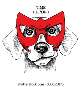 Portrait of a dog wearing red mask of hero. Vector illustration.