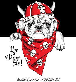 Portrait of a dog wearing a red viking helmet with horns and neckerchief with images a skull. Vector illustration.