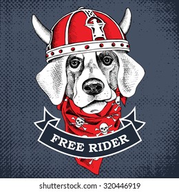 Portrait of a dog wearing a red viking helmet with horns and neckerchief with images a skull. Vector illustration.