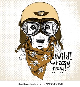 Portrait of a dog wearing the retro motorcyclist helmet and neckerchief with images a skull. Vector illustration.