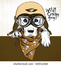 Portrait of a dog wearing the retro motorcyclist helmet and neckerchief with images a skull. Vector illustration.