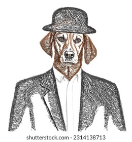 Portrait of a dog wearing a suit and a hat. Anthropomorphic dog. Linear Vector illustration. Doodle sketch.