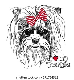 Retrato de un perro de Yorkshire terrier con un arco. Ilustración vectorial.