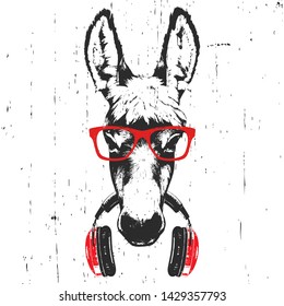 Portrait of Donkey with glasses and headphones. Hand-drawn illustration. T-shirt design. Vector