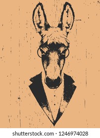 Portrait of Donkey in suit. Hand drawn illustration. 