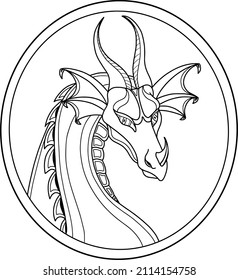 Portrait of a dragon in a frame.  Beautiful coloring book for adults and children