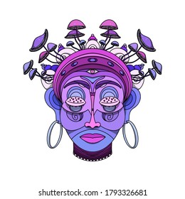 Portrait drawing with free style illustration.Abstract image of a woman with mushrooms on her head and earrings in her ears