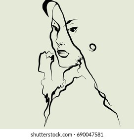 Portrait drawing sketch. Illustration element of a young woman face. Ink, pencil