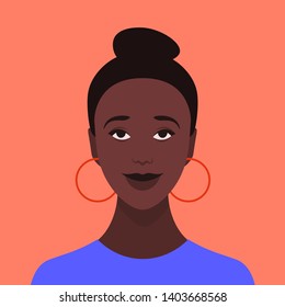 Portrait of a dreaming African girl. Avatar of a university student. Vector flat illustration