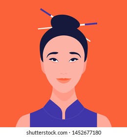 Portrait of a dreaming Asian girl. Avatar of a beautiful woman. Calm and Harmony. Vector flat illustration