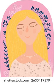 Portrait of a dreamy girl with blond hair on a pink background with flowers