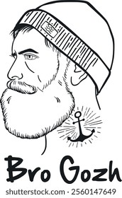 Portrait d'un homme de profil avec un bonnet et une barbe. Il a un tatouage dans le cou d'une ancre marine. 