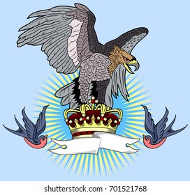 Portrait of an eagle with a banner, crown and swallows