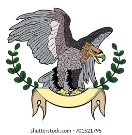Portrait of an eagle with a banner and laurel branches