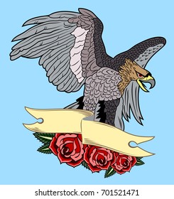 Portrait of an eagle with a banner and roses