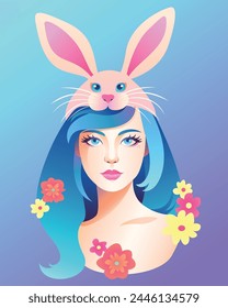 Portrait easter woman with rabbit ears and flowers.