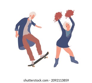 Portrait Of An Elderly Active Couple Doing Sports. Sports Old People Isolated On White Background. Colored Vector Flat Illustration With Gray-haired Grandparents. Cheerleader And Skateboarder. 