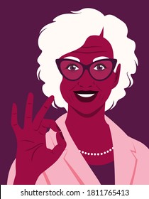 El retrato de una anciana mujer africana es un gesto correcto. Un empleado exitoso. Profesiones de oficina. Ilustración plana vectorial.