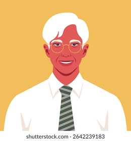 Portrait of a elderly Asian man with a white hairstyle. The head of a grandfather. Portrait of a businessman. Vector flat illustration