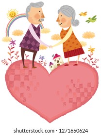 portrait of elderly couple standing on heart shape