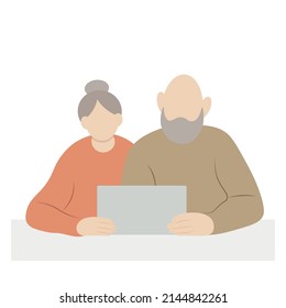Retrato de una pareja de ancianos con una tableta en sus manos, ilustración vectorial sin rostro, aislada en un fondo blanco