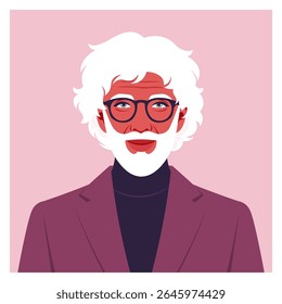 Portrait of an elderly curly-haired man with a white beard. The head of a grandfather. Face of a businessman on a pink background.. Vector flat illustration