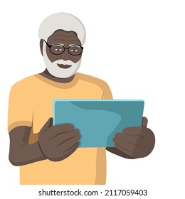 Portrait of an elderly dark-skinned bearded man with a tablet in his hands, vector illustration, isolated on a white background