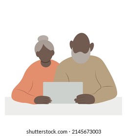 Portrait of an elderly dark-skinned couple with a tablet in their hands, faceless vector illustration, isolate on a white background