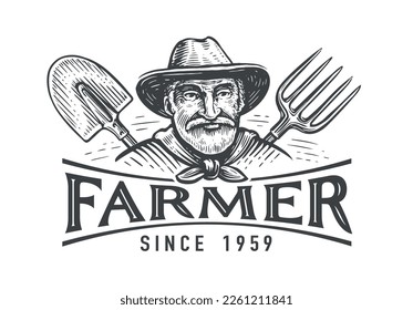 Retrato de un anciano granjero en un sombrero, pala y horquilla, emblema. Granja, logo agrícola. Ilustración vectorial vintage