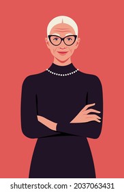 Portrait of an elderly fashionable woman with crossed arms. Professions. Vector flat illustration.