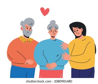 Portrait of an elderly gray-haired woman and a man with his daughter. Grandparents with children, grandchildren. Dear grandmother and her husband. Elderly couple smiling, family portrait
