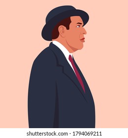 Portrait of an elderly Italian man in profile. Colorful vector illustration in flat cartoon style.