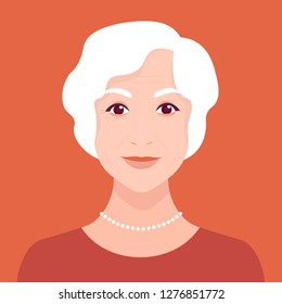 Retrato de una anciana. Retrato femenino. La cara de una abuela elegante. Ilustración plana del vector