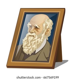 Portrait of an elderly man with a beard in wooden frame isolated on white background. Vector cartoon close-up illustration.
