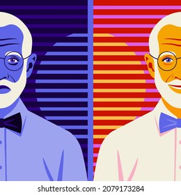 Portrait Of An Elderly Man With Bipolar Disorder. Happy And Depressed Grandfather. Mental Health. Bright Vector Flat Illustration