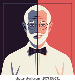 Portrait Of An Elderly Man With Bipolar Disorder. Happy And Depressed Grandfather. Mental Health. Bright Vector Flat Illustration