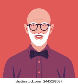Portrait of an elderly man with bow tie. Face of happy grandfather. Vector flat illustration