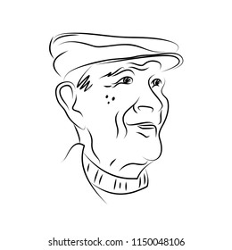 Portrait of an elderly man in a cap. Hand drawn. Sketch. Black and white graphics.