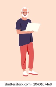 Retrato de un anciano con una laptop. El abuelo está a toda altura. Ilustración plana vectorial.