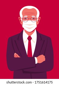 Portrait of an elderly man with medical mask. Successful businessman stands with arms crossed. An Asian grandfather. Vector bright illustration in flat style.