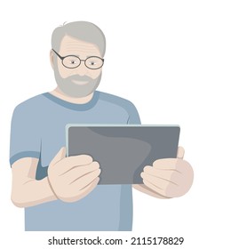 Portrait of an elderly man with a tablet in his hands, vector illustration, isolate on white background