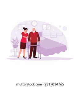 Portrait of an elderly patient assisted by a nurse to walk and use a walker. Trend Modern vector flat illustration.