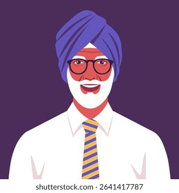 Portrait of a elderly Sikh man. The head of a grandfather with a white beard in a turban. Portrait of a businessman. Vector flat illustration
