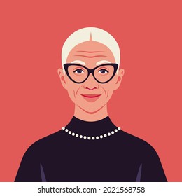 Portrait of an elderly woman with eyeglasses. Avatar of a smiling grandmother. A fashion model. Diversity. Vector flat illustration