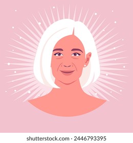 Portrait of an elderly woman. Face of happy grandmother. Vector flat illustration