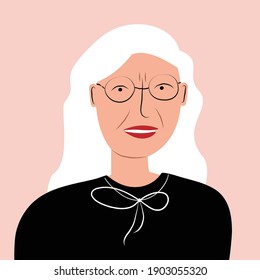 Portrait of an elderly woman in glasses. Grandmother with gray hair. Flat colorful vector illustration