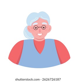 Portrait of an elderly woman in glasses with gray hair. Face of a smiling old woman. Vector flat graphics.