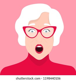 Portrait of an elderly woman with glasses. Shock and surprise. Emotions. Pensioner
Vector flat illustration