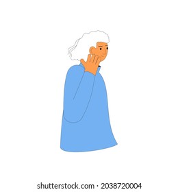 Portrait of elderly woman with gray curly hair. Senior lady touching her hair and smiling. Vector illustration