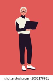 Portrait of an elderly woman with a laptop. The grandmother stands at full height. Vector flat illustration.